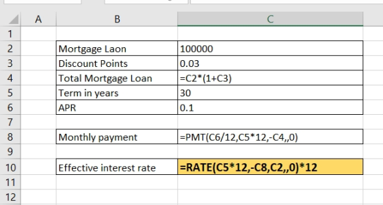 A В C 1 Mortgage Laon Discount Points Total Mortgage Loan Term in years 2 100000 0.03 =C2* (1+C3) 4 30 APR 6 0.1 7 ЕРМТ(С6/12