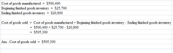 Cost of goods manufactured = $500,400 Beginning finished goods inventory = $25,700 Ending finished goods inventory = $20.800