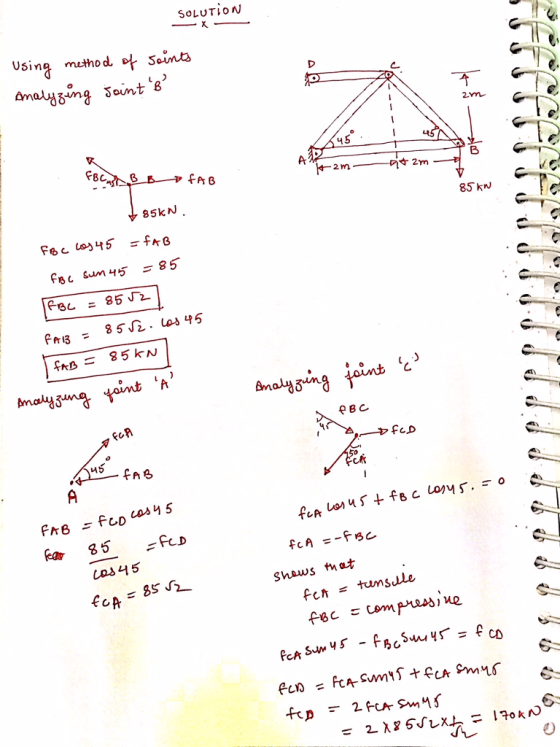 SOLUTION Using muthod. Saints 85kN 85kw fKB = 85kN imolg3 C. 45 Shaws hat