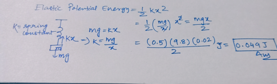 Elastic Polential Energy = 1 kx2 T mg) t = maze K=spring žmons constant (0.5) (9.8) (0.02) ng=kx 99 K2 =) K = mg 2 Img J= 10.