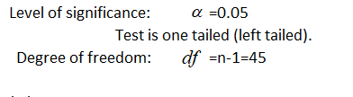 Level of significance: a =0.05 Test is one tailed (left tailed). Degree of freedom: df =n-1=45