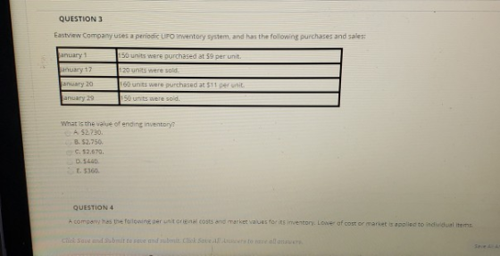 QUESTION 3 Eastview Company uses a periodic UFO Inventory system, and has the following purchases and sales 1 January 1 Janua