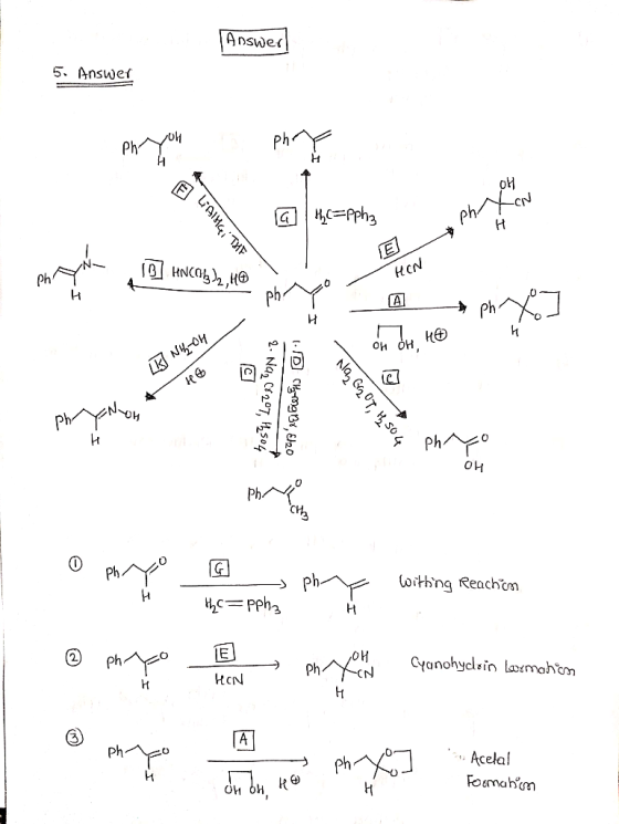 Answer 5. Answer Ph F G Pph3 phaN H 1NCO2H HCN н A Ph и не он он, N04 PHAO он о withng Reachom 2Pph2 2 pho Cyanohyclsin laema