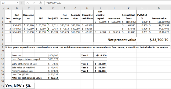 C3 : r X C fix D =109000*0.33 E A B F M Depreciati on Net income PBT Tax@35% Cost 1 Year savings 2 0 3 1 $ 56,000 4 2 $ 56,00