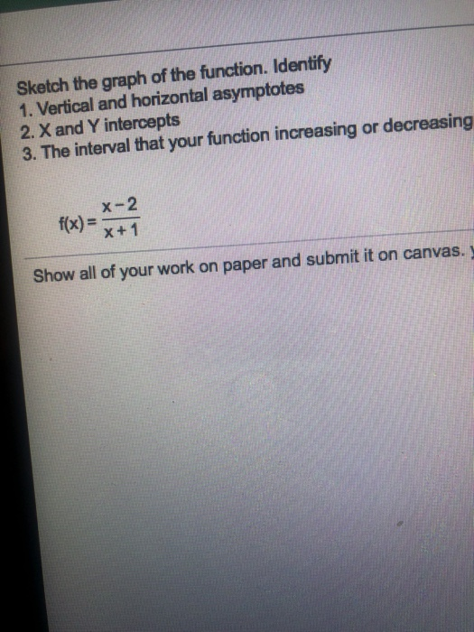 Sketch the graph of the function. Identify 1. Vertical and horizontal asymptotes 2. X and Y intercepts 3. The interval that y