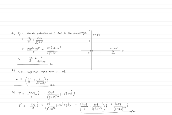 Y Post) ка + a.) Vp = electric potential at P due to the two charges. K42 Я ЈУ5* 9xy к за 9x18x24 10 y Jy2+s? 8 9 А (5,0) Т)