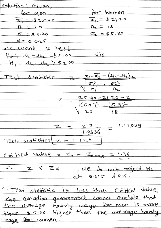 20 solution Given, for men for Women $25.40 x = $21.20 ma N2= 18 o = $6.20 on = $s.go a=0.025 we want to test Hou-l₂ =$2.00