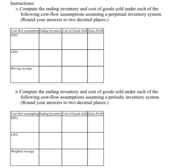 Instructions: A. Compute the ending inventory and cost of goods sold under each of the following cost-flow assumptions assumi