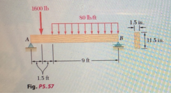 T 1600 Ib so lb/ft 15 in. B A 11.5 in. 9 ft 1.5 ft Fig. P5.57