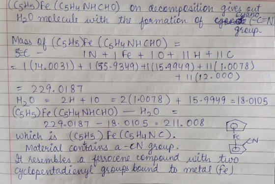 CSHS) Fe (Cs Hy NH CHO on decomposition gevesnaut H₂O molecule with the formation of cuand (CEN group Mass of (C5 H5 Fe (Cg H