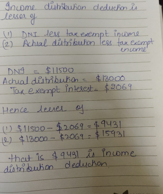 Income distribution deduction is lessor g 1 DNI less tax exempt income (2) Achial distribution less tax exempt encome DNI = $