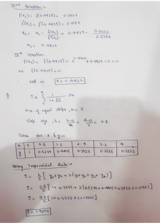 Ird stelation 0.0026 f(x) = f(0.4439)= fG) = f(0.4439) = 2.5587 X₃ = H2- f(2) = 0.4439 - 0.0026 2.5587 F(x₂) &z= 0.4429 Tth
