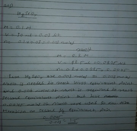 lans Heseov M = 0.IM 9.lxo.o3-0.003 moles naolt 0.2 M V- 22.5l =0.0225 lit no. 2x0.0225 0.0045 Lise asea are 0.003 moles 2:00