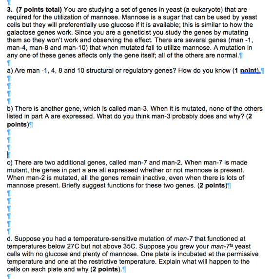 3. (7 points total) You are studying a set of genes in yeast (a eukaryote) that are required for the utilization of mannose. Mannose is a sugar that can be used by yeast cells but they will preferentially use glucose if it is available; this is similar to how the galactose genes work. Since you are a geneticist you study the genes by mutating them so they wont work and observing the effect. There are several genes (man -1 man-4, man-8 and man-10) that when mutated fail to utilize mannose. A mutation in any one of these genes affects only the gene itself; all of the others are normal.I a) Are man -1, 4, 8 and 10 structural or regulatory genes? How do you know (1 point)T b) There is another gene, which is called man-3. When it is mutated, none of the others listed in part A are expressed. What do you think man-3 probably does and why? (2 points) c) There are two additional genes, called man-7 and man-2. When man-7 is made mutant, the genes in part a are all expressed whether or not mannose is present. When man-2 is mutated, all the genes remain inactive, even when there is lots of mannose present. Briefly suggest functions for these two genes. (2 points)T d. Suppose you had a temperature-sensitive mutation of man-7 that functioned at temperatures below 27C but not above 35C. Suppose you grew your man-ts yeast cells with no glucose and plenty of mannose. One plate is incubated at the permissive temperature and one at the restrictive temperature. Explain what will happen to the cells on each plate and why (2 points).