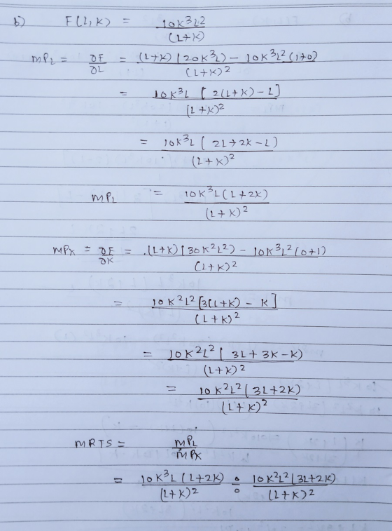 6) - E(lik) = 10x3 22 ( 2) MP2 = OF = (L+K) (20k3L)- 10x3,² (170) 22 . Catk) 2 0 - Jok 31 [ 2(2+X) - 2) 1L +x)2 = 10k3L ( 22+
