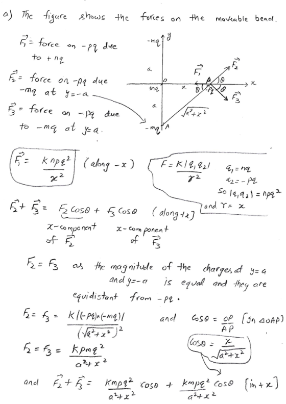 a) The ure hoc the forces on the movViable beacl on o + n force on -pa due tna 3 force an -P due to -mg at a ごり9 2 2. x-component -com ponen 23 as e magnitue of lhe chesy and y-a is eja and they are equidistant from - pe 2. 2.
