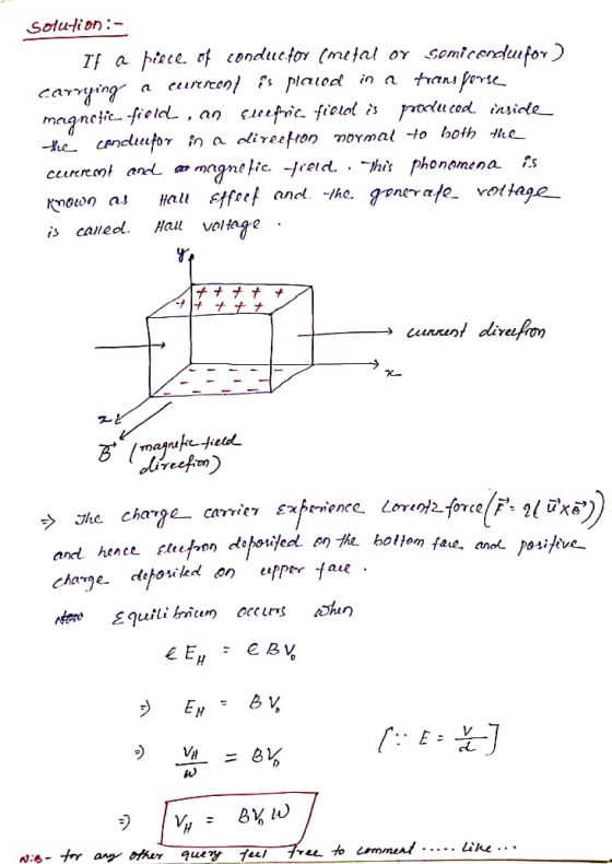 Sotution: T a piee of conduetor (mita or somicendufor) ceirrcent plaiod in a trans fere carying magnetic fielol . an euepric.