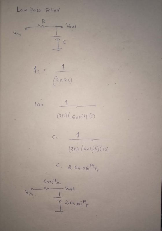 Low Pass Filter to Vout fcr 1 (25R () 10. 1 (27) (6x1016) (6) (27) (6x1016) (10) C. 2.65 x10 19 54 6x10 Vout 2.65 x1019