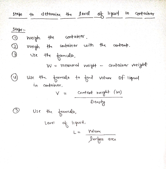 Steps to determine the level of ligued in container Steps: 0 weigh the container @ weigh the container with the contents. o u