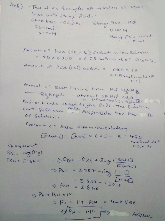 And) This is an titration of weak e This is an example of base with strong Acid Cucak base =CH₂NH2 25.00ml 0.250M - CH3NH2 St