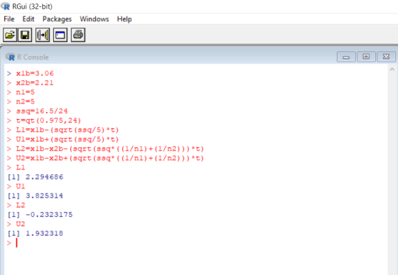 R RGui (32-bit) File Edit Packages Windows Help R R Console xlb-3.06 > x2b=2. 21 nl-5 n2-5 ssq-16.5/24 > t-qt (0.975,24) L1 [