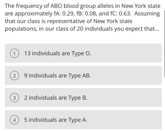 The frequency of ABO blood group alleles in New York state are approximately fA: 0.29, fB: 0.08, and fC: 0.63. Assuming that