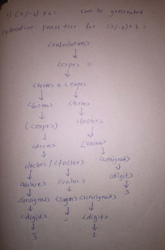 c) (31-2) +3= wlanation: parse tree com be for generated (31-2) + 3 = <calculation> Lexprs - <terms & (expos factor Storms (f