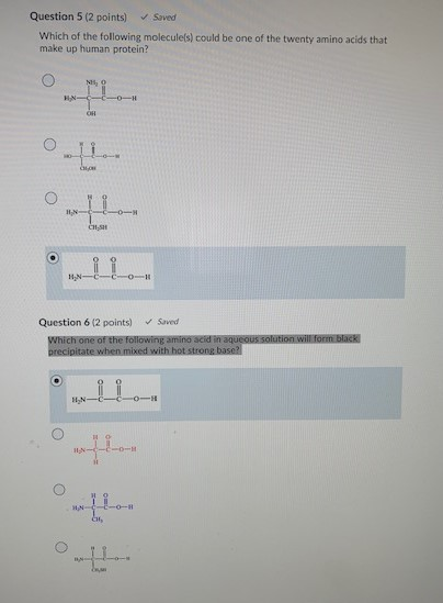 Question 5 (2 points) ✓ Saved Which of the following molecule(s) could be one of the twenty amino acids that make up human pr