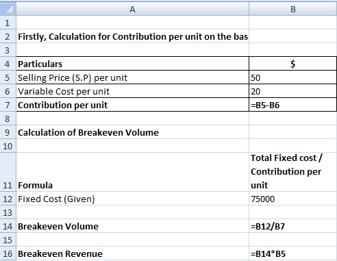 2 Firstly, Calculation for Contribution per unit on the bas 3 4 Particulars 5 Selling Price (S.P) per unit 6 Variable Cost pe