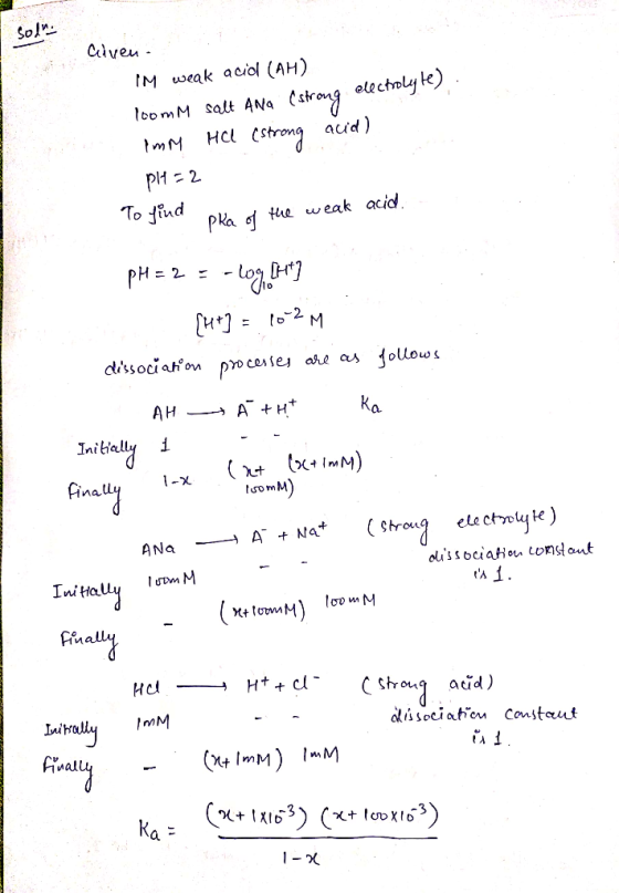 Sol Clveu IM weak aciol (AH) loomM Salt ANa (strog electroly te) . Strongacd) не mM P 2 To find pka of the weak acid PH=2-Log