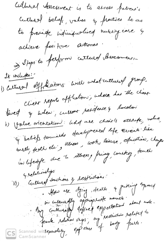 Cultural Assessment is to assess patrents Cultural beliefs, vales y practices to as to provide inficifualised nulsing care a
