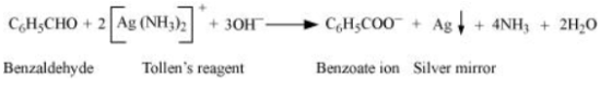 cao Cursos cances de coco CHECHO + 2Ag (NH3)2 + 3OH- CH3COO + Ag+ 4NH3 + 2H2O Benzaldehyde Tollens reagent Benzoate ion Silv