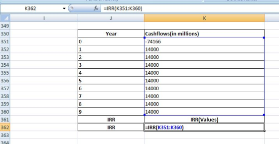 K362 fx =IRR(K351:K360) 349 Year 354 Cashflows(in millions) -74166 14000 14000 14000 14000 14000 14000 14000 14000 14000 IRR(