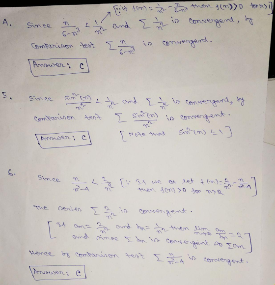 A. since a h Comparison test Answer, c it sm) a n then s(m)o tornsill and { this convergent, by is convergent. 5. since sinn