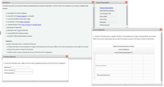 Instructions Amount Descriptions The following events took place for Digital Vibe Manufacturing Company during March, the fir
