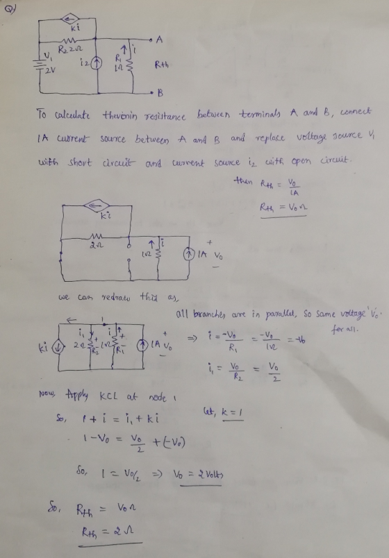kt 2V Rth ゆB To calculate theveninTedì」tance between terminals and B, connect A urent sounce betwen A amd B and replace velio