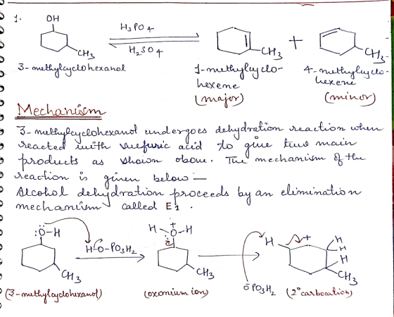 V y. OH U U H₃ POA Ouvet Che CH3 H₂SO4 3-methylcyclohexanol I-methyleyclo- 4-methyleyclo- hexene hexene major) (minor) Mecha