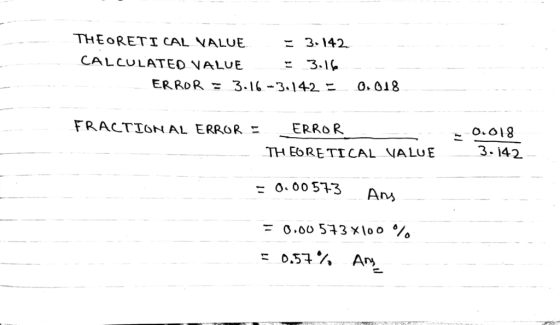 THEORETICAL VALUE3-142 CALCULATED NALUE 3.1 ERROR 3.16-3.14-2. Ξ Ο.018 FRACTIONAL ERROR = ERROR 0.018 . 3- 142 TH EORE TICA