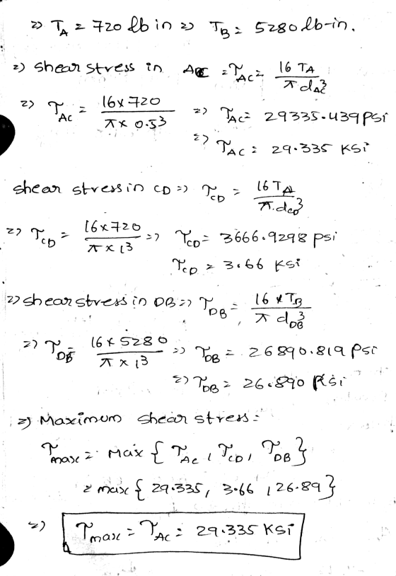 E? TAC: 29.335 Ksi 2) TA = 720 &b in as TB = 5280 lb-in. z) shear stress in ARC : 16 TA Aci T da 16x 720 TAC 2) TACE 29335-43
