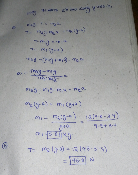 along Apply and law y-ands is, Newtons mag-T= maa T= mag-maa = ma (g-a) Tomig = m, a To migra) mag (migrm, a) = ma a ge = 09