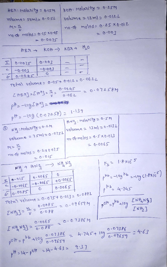 HBr molarity = 8-15m | KoH: Molarity = 0.25M volume = soml= 0.052 volume = 12 m) = 0.0122 no of moles=0.85X0.012 no of moles