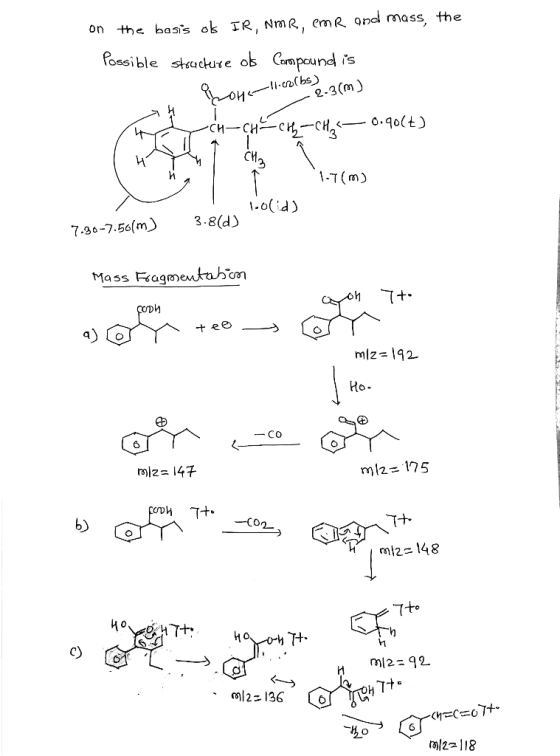 on the basis of IR, NMR, emr and mass, the Possible structure of Compound is Propel.corbes 2-3cm) o choch CH CH 0.90lt) W e a