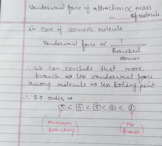 Vandarwal force of attraction & mass Date: of molecule Date: in case of isomeric molecule Vandarwaal force & - Banched isomer