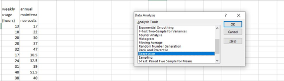 weekly usage (hours) annual maintena nce costs ? X Гок Cancel 30 Data Analysis Analysis Tools Exponential Smoothing F-Test Tw