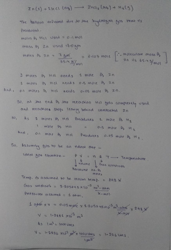 In(s) + 2HCl (aq) Znal, lag) + H₂Lg) gos that is The balloon enfiated due to the hydrogen Preoduced. moles of Hel used = o.lm