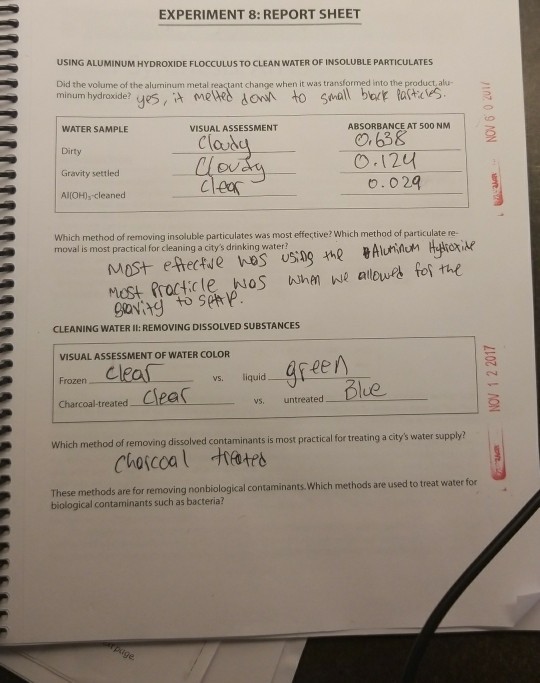 EXPERIMENT 8: REPORT SHEET USING ALUMINUM HYDROXIDE FLOCCULUS TO CLEAN WATER OF INSOLUBLE PARTICULATES Did the volume of the aluminum metal reactant change when it was transformed into the product, alu ABSORBANCE AT 500 NM WATER SAMPLE Dirty Gravity settled AIIOH),-cleaned VISUAL ASSESSMENT の16 0.12U Claud lear o. 029 Which method of removing insoluble particulates was most effective? Which method of particulate re- moval is most practical for cleaning a citys drinking water? CLEANING WATER II: REMOVING DISSOLVED SUBSTANCES VISUAL ASSESSMENT OF WATER COLOR Frozen Charcoal-treated-deas r eagree vs. liquid vs. untreated Due Which method of removing dissolved contaminants is most practical for treating a citys water supply? s are for removing nonbiological contaminants. Which methods are used to treat water for biological contaminants such as bacteria?