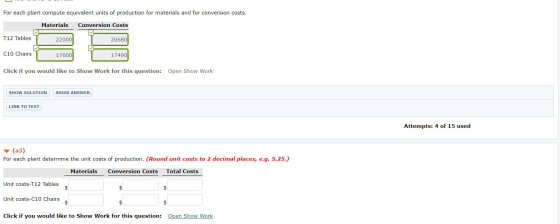For each plant compute equivalent units of production for materials and for conversion costs Materials Conversion Costs T12 T