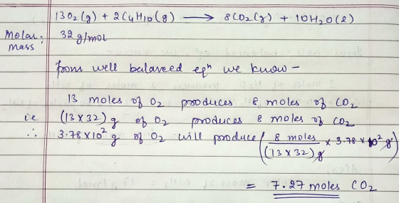 113 0₂ (g) + 2 Culio (8) 8 CO2(g) + 101.oce) Molar, 32 g/mol mass from well balanced eph we know- 113 moles of 02 produces 8