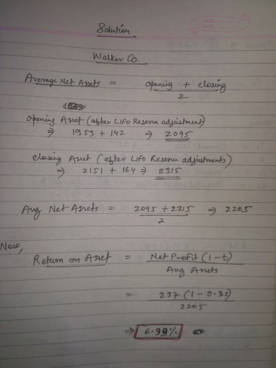 Solution Walker Co. Average Net Assets = apening + closing 2 Opening 7 Asset (after Lifo Reserve adjustment) 1953 + 142 2095