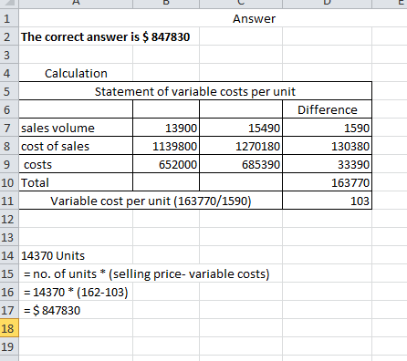 3 1 Answer 2 The correct answer is $ 847830 3 4 Calculation 5 Statement of variable costs per unit 6 Difference 7 sales volum
